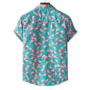 Men's short-sleeved teal tropical shirt featuring an all-over pink flamingo print back view