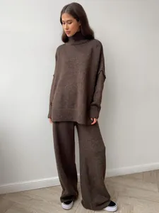 Elegant brown high-neck knit sweater and wide-leg trousers set for cozy winter style