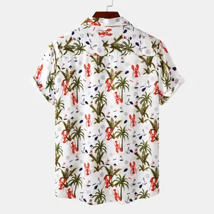 Detailed back view of men's beach shirt featuring tropical lobster and palm tree prints.