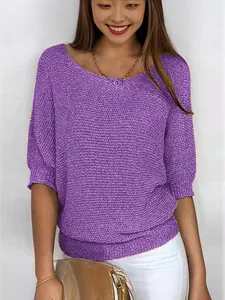 Haut élégant en tricot violet pour femme avec col rond et manches 3/4 pour le printemps
