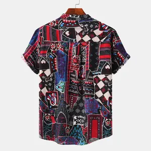 Detailed back view of men's casual shirt highlighting complex colorful patchwork ethnic print