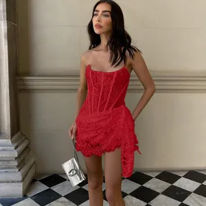 Close-up of red sexy lace mesh tube top slim-fit mini dress with corset detail