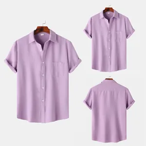Detailed front and back views of lavender textured men's short-sleeved casual shirt.