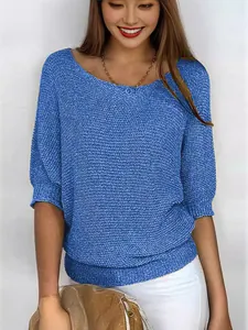 Haut en tricot bleu élégant pour femmes avec col rond et manches 3/4 pour le printemps