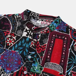 Close-up detail of a colorful Hawaiian patchwork print men's casual summer shirt