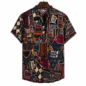 Vintage patchwork floral print men's short sleeve shirt with classic henley collar