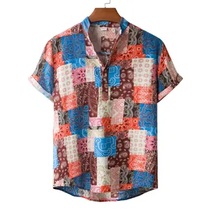 Men's Vintage Paisley Patchwork Linen Blend Shirt Casual Short Sleeve Mandarin Collar Breathable Ethnic Style Vacation Top