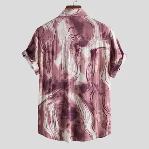 Men's casual short sleeve shirt with mauve marble print, back view, lapel collar.