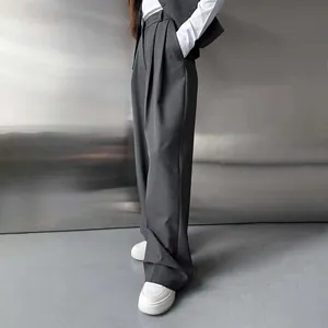 Élégant pantalon de costume large gris à taille haute avec coupe droite pour femme