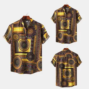 Detailed views showing front and back of men's ethnic print short sleeve Hawaiian shirt