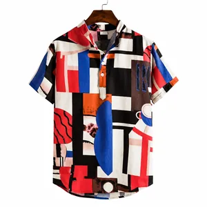 Men's summer short sleeve shirt with vibrant abstract geometric print and mandarin collar.