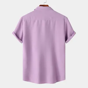 Back view of a premium men's short-sleeved casual shirt in solid lavender purple texture