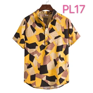 Men's summer Hawaiian short sleeve shirt with yellow geometric abstract print design