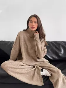 Women Knit Sweater Set Thick Turtle Neck Loose Pullover And Wide Leg Pants Top And Bottom Casual Autumn Winter Pajamas