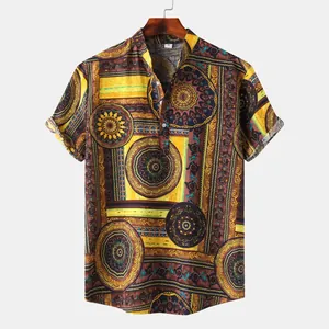 Detailed look at men's casual Hawaiian shirt with vintage ethnic mandala print pattern