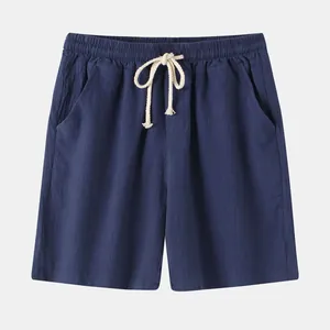 Détail du short décontracté pour homme en coton et lin bleu marine avec cordon de serrage