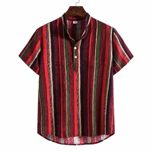 Men's vertical striped short-sleeved shirt with Henley collar in summer Hawaiian style