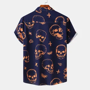 Full back view of men's Halloween navy short-sleeved shirt with orange skull pattern