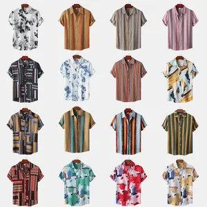 Collection of 16 Hawaiian style printed casual beach resort shirts for men in various patterns.