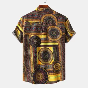 Back view of mens vintage Hawaiian short sleeve shirt with bohemian circular pattern