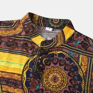 Macro detail of a men's Hawaiian shirt collar featuring vintage ethnic print and texture