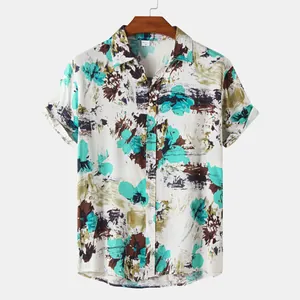 Front view of men's casual Hawaiian style floral print short sleeve summer beach shirt