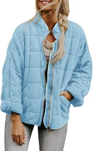 Detailaufnahme einer hellblauen Damen-Steppjacke mit Stehkragen und vorderem Reißverschluss