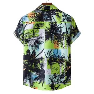 Back view of men's Hawaiian shirt featuring a vibrant green palm tree print pattern