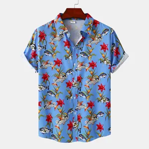 Men's short-sleeved casual beach shirt featuring vibrant fish and floral lily print
