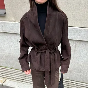 Retro Wildleder Langarm Jacke Damen Elegant Revers Gürtel Slim Fit Mattiert Samtmantel Mode Lässig Warm Damenjacke