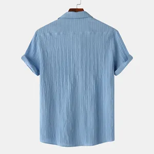 Vista trasera de camisa de manga corta para hombre en azul claro con textura vertical