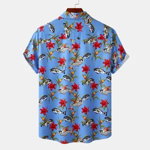 Back view of men's short-sleeve beach shirt with red lily and flying fish print.