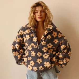 Gezellig sherpa fleece sweatshirt met bloemenprint, halve rits en zak voor dames