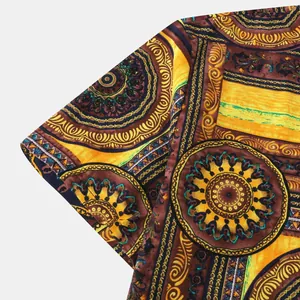 Detailed view of intricate ethnic mandala patterns on men's short-sleeved summer Hawaiian shirt