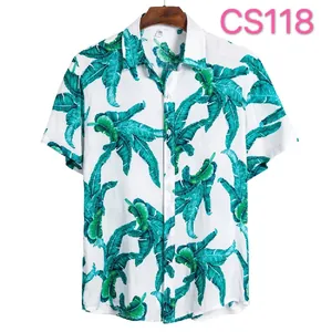 Men's casual short sleeve button down shirt with green tropical palm leaf print