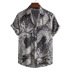 Detail view of the black and white animal print on this men's casual short-sleeve shirt.