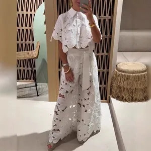 Women Sexy Hollow Out Lace Shirt Top And Wide Leg Pants Top And Bottom Floral Elegant Solid Color Summer Vacation Set