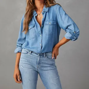 Casual blue denim long-sleeve shirt for women with dual chest pockets