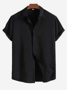 High-quality men's black short sleeve button-up shirt with textured fabric on hanger