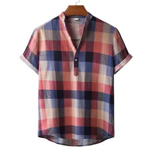 Detailed front view of men's short-sleeved plaid linen-like shirt with stand-up collar