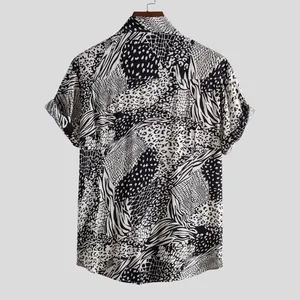 Back view detail of men's short-sleeve casual shirt with black and white animal print