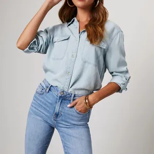 Women's minimalist light blue chambray casual long sleeve shirt with chest pockets