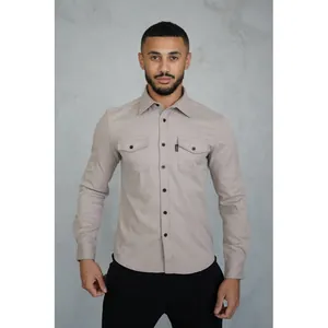 Men's casual slim fit long-sleeved beige button-down shirt with dual chest pockets