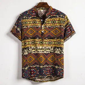 Camicia da Uomo in Lino con Stampa Geometrica Bohemienne Casual Collo alla Coreana Manica Corta Top Largo Taglie Forti per Vacanza