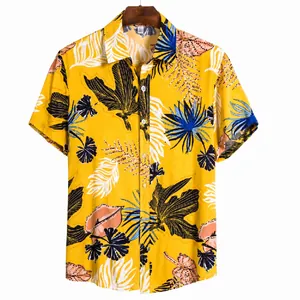 Men's yellow short-sleeve casual shirt with vibrant tropical leaf prints pattern