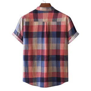 Detailed back view of a men's casual short sleeve plaid shirt in breathable linen fabric