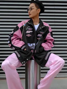 Women's Casual Pink Black Color Block Moto Jacket Oversized Printed Racing Style Long Sleeve Baseball Jacket Streetwear Outerwear Top