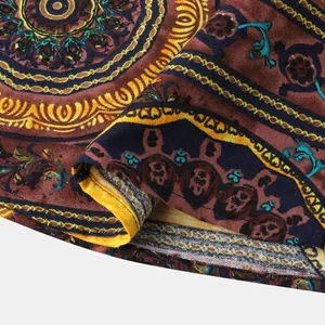 Detailed macro shot of vintage Bohemian mandala pattern on men's summer Hawaiian shirt fabric