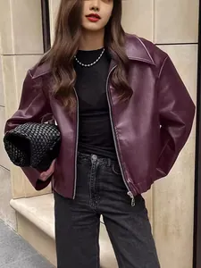 Veste en Cuir PU pour Femme Style Motard Coupe Large Col à Revers Fermeture Éclair Automne Hiver Manteau en Simili Cuir Streetwear Top