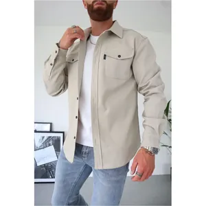 Men's casual beige long-sleeve shirt with double breast pockets for autumn and winter